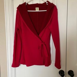 Title Nine Wrap Hooded Sweater dark pink exterior and brown/pink interior